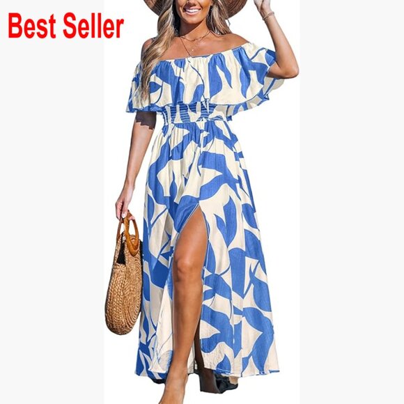 off shoulder maxi dress casual ZESICA Women's The 2026 Summer Sleeveless Slim Swing Pleated Formal Party Dresses,Apricot,Small at Amazon Women's Clothing store Dahla Blue Off The Shoulder Maxi Dress Body maxi casual dresses for women